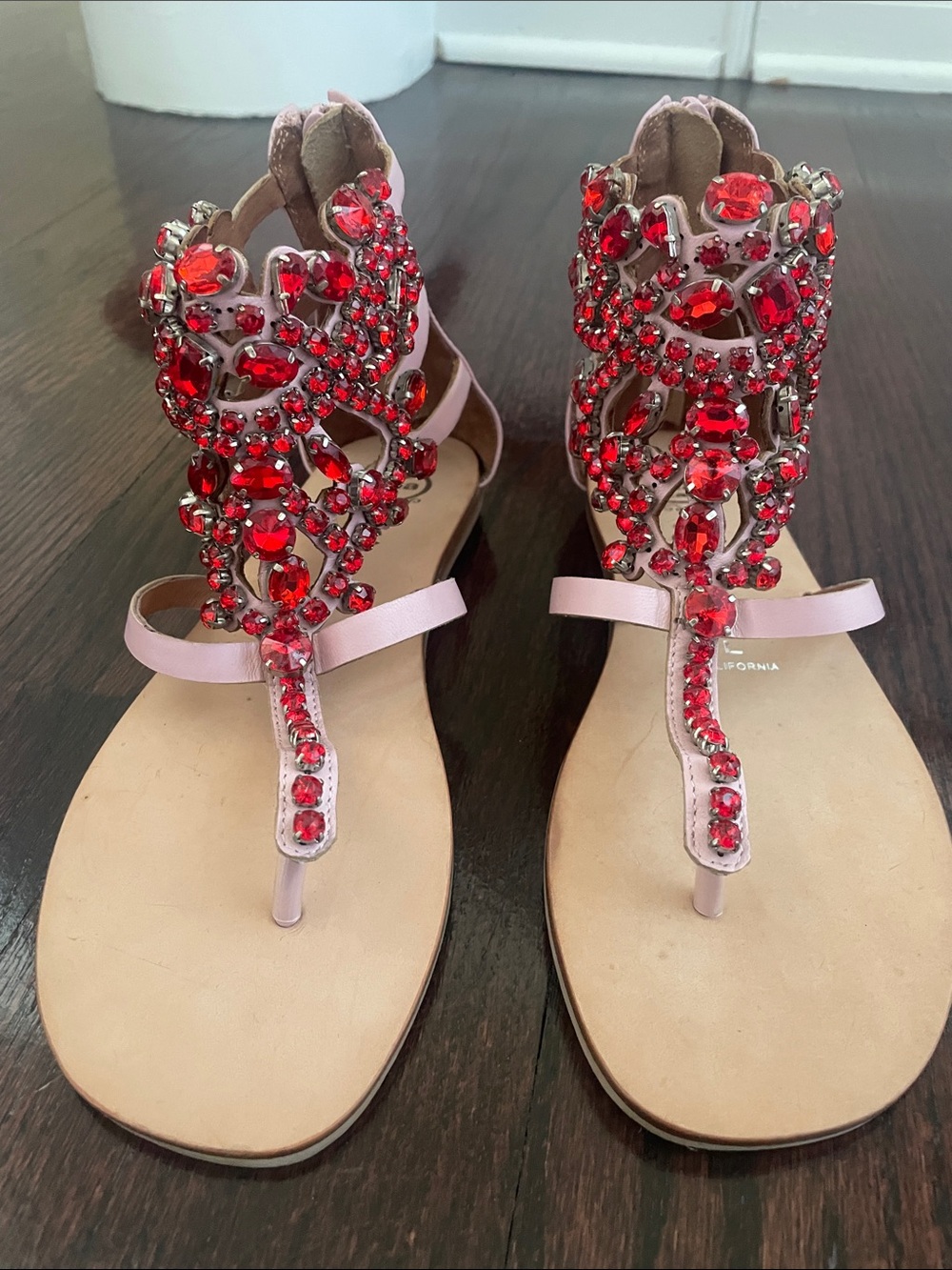 Jeffrey Campbell Pink Sandals with Red Gem Embellishments